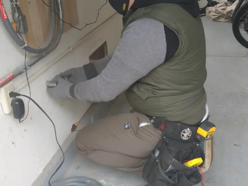 Electrician performing outlet wiring in a Mariemont garage